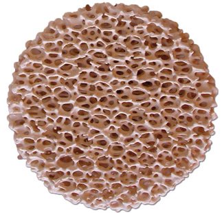 Foseco's beige-colored STELEX Zr ceramic foam filter with a honeycomb structure for metal casting applications, isolated on a white background