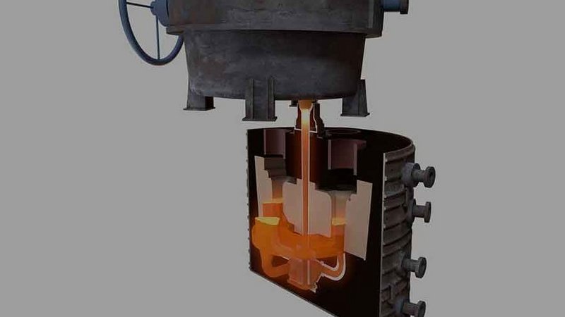 Cutaway illustration of an industrial pouring shroud, showcasing the internal flow of molten metal, with icons for energy efficiency and CO2 reduction.