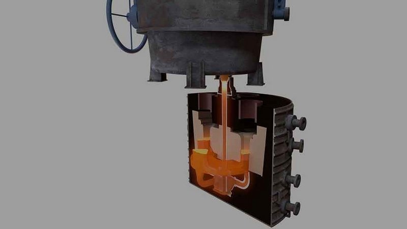 Cutaway illustration of an industrial pouring shroud, showcasing the internal flow of molten metal, with icons for energy efficiency and CO2 reduction.