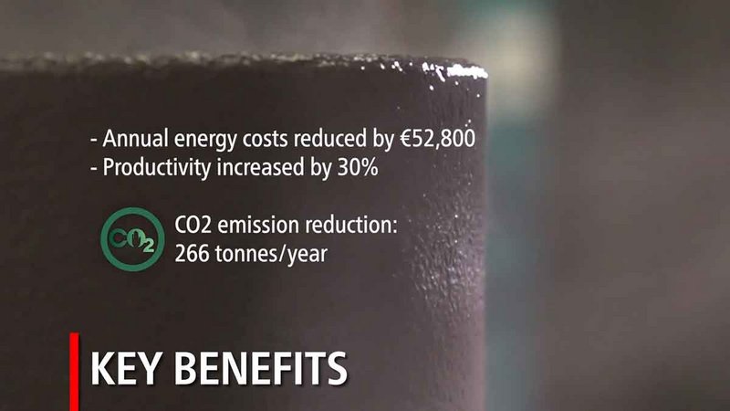Close-up of a foundry product with a list of key benefits including reduced energy costs and CO2 emission reduction.