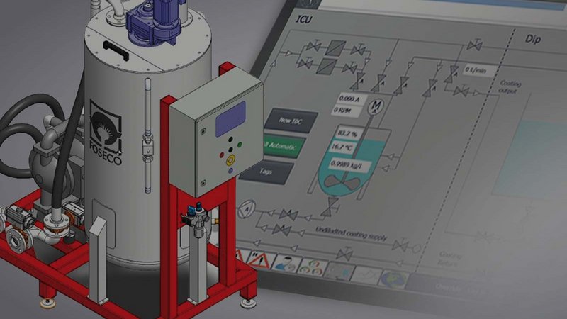 Technological Advancement in Foundry Equipment by FOSECO A 3D rendered image of a modern FOSECO foundry equipment setup with control unit, pipes, and monitoring interface, highlighting automation in coatings