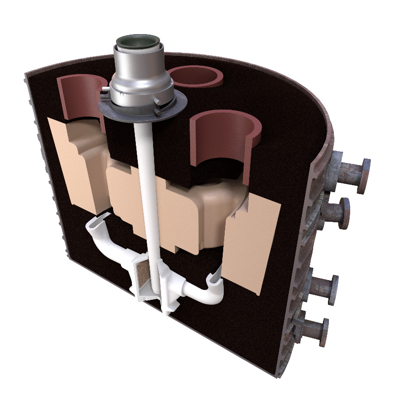 Cross-sectional illustration of a molten metal pouring system with an external shroud and internal refractory lining